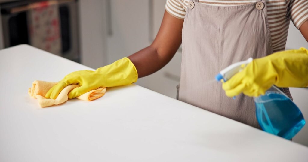 Hands, cloth and spray on countertop in kitchen for sanitation, gloves or chemical for shine in hom